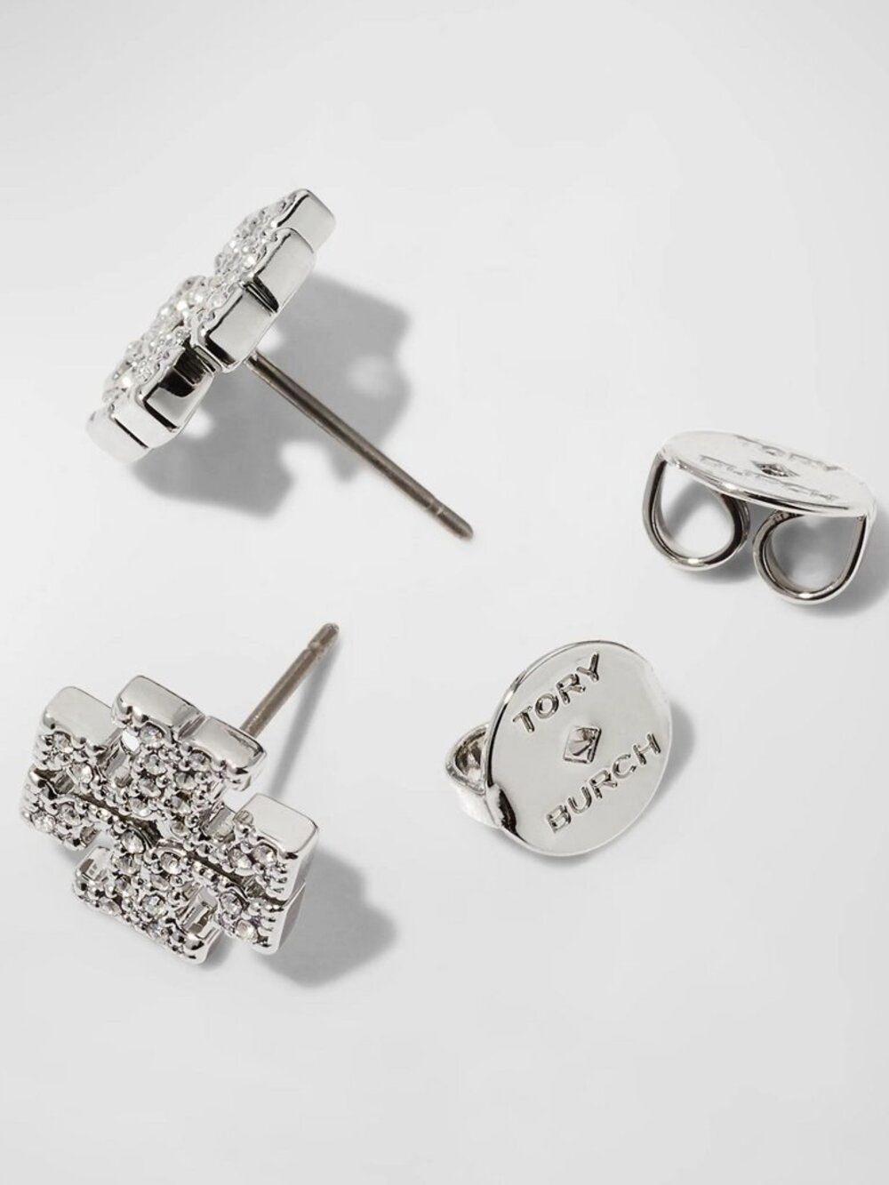 Tory Burch Icon Pavé Stud Earrings Silver Tone - Picture 3 of 4